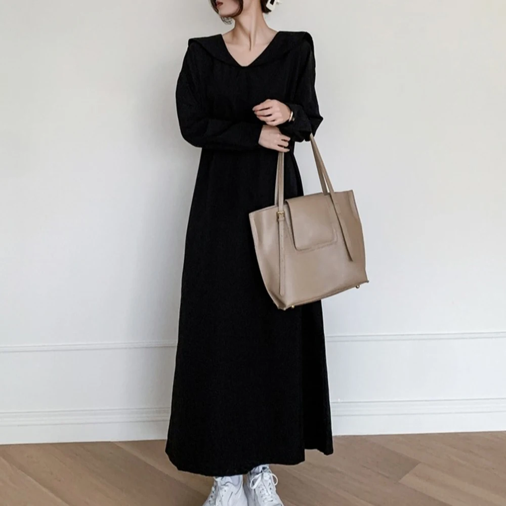 

Ladies Casual Black Dress Fashion Solid Color Long Sleeve Leisure V-neck Pullover Loose Japan Korea Style Spring Dress For Women