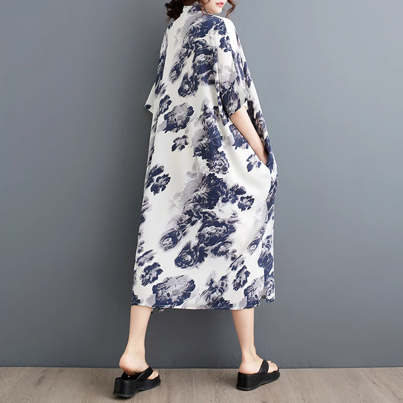 Женское шифоновое платье-рубашка с принтом повседневное свободное в Корейском