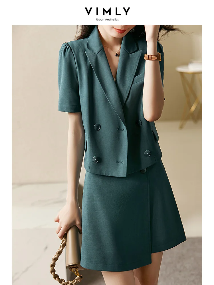 Vimly Summer Blazer Suit Sets for Women Office Lady 2023 Notched Neck Solid Short Sleeve Top Irregular Two Piece Skirt Set V3089