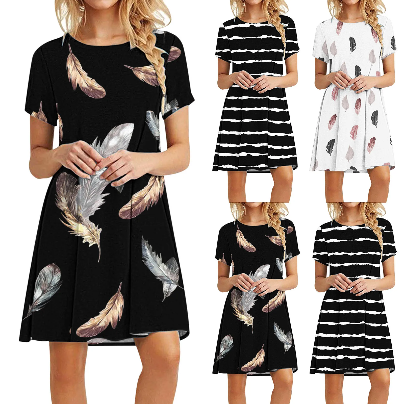 

Женское платье с коротким рукавом, круглым вырезом и принтом