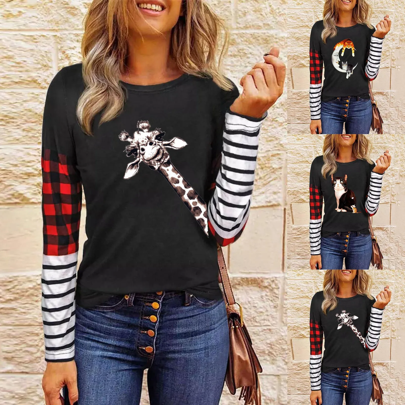 

Womens Tunics Shirts Tops Long Sleeve Casual Round Neck Soft Striped Plaid Splice Animal Printing Black Exercise Shirt Women