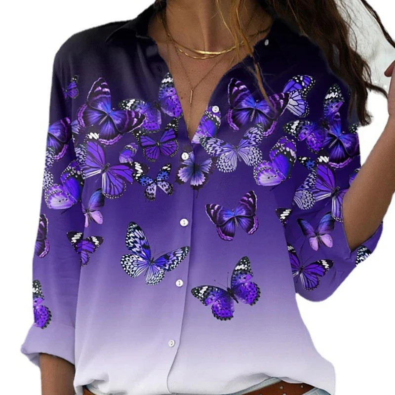 

Blouse Women's Butterfly Printed Shirt Long Sleeve Shirt Collar Casual Collar Shirt Blusas Femininas Elegantes Camisa Feminina