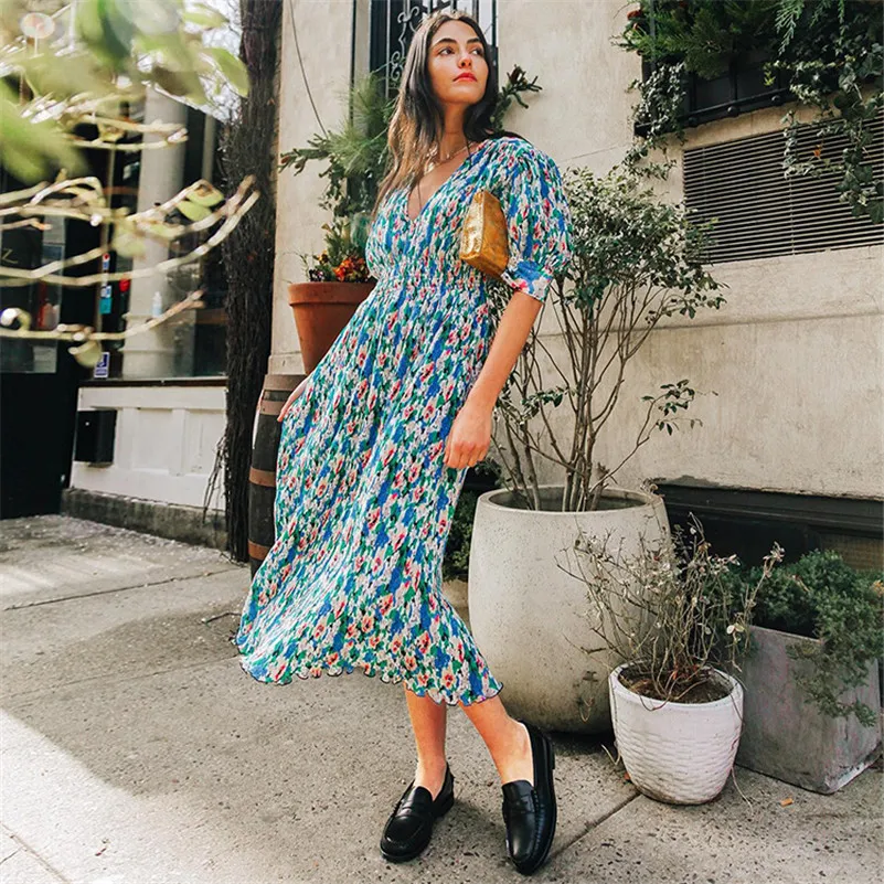 

Женское шифоновое платье с цветочным принтом, элегантное винтажное платье с V-образным вырезом и пышными рукавами, весна-лето 2023