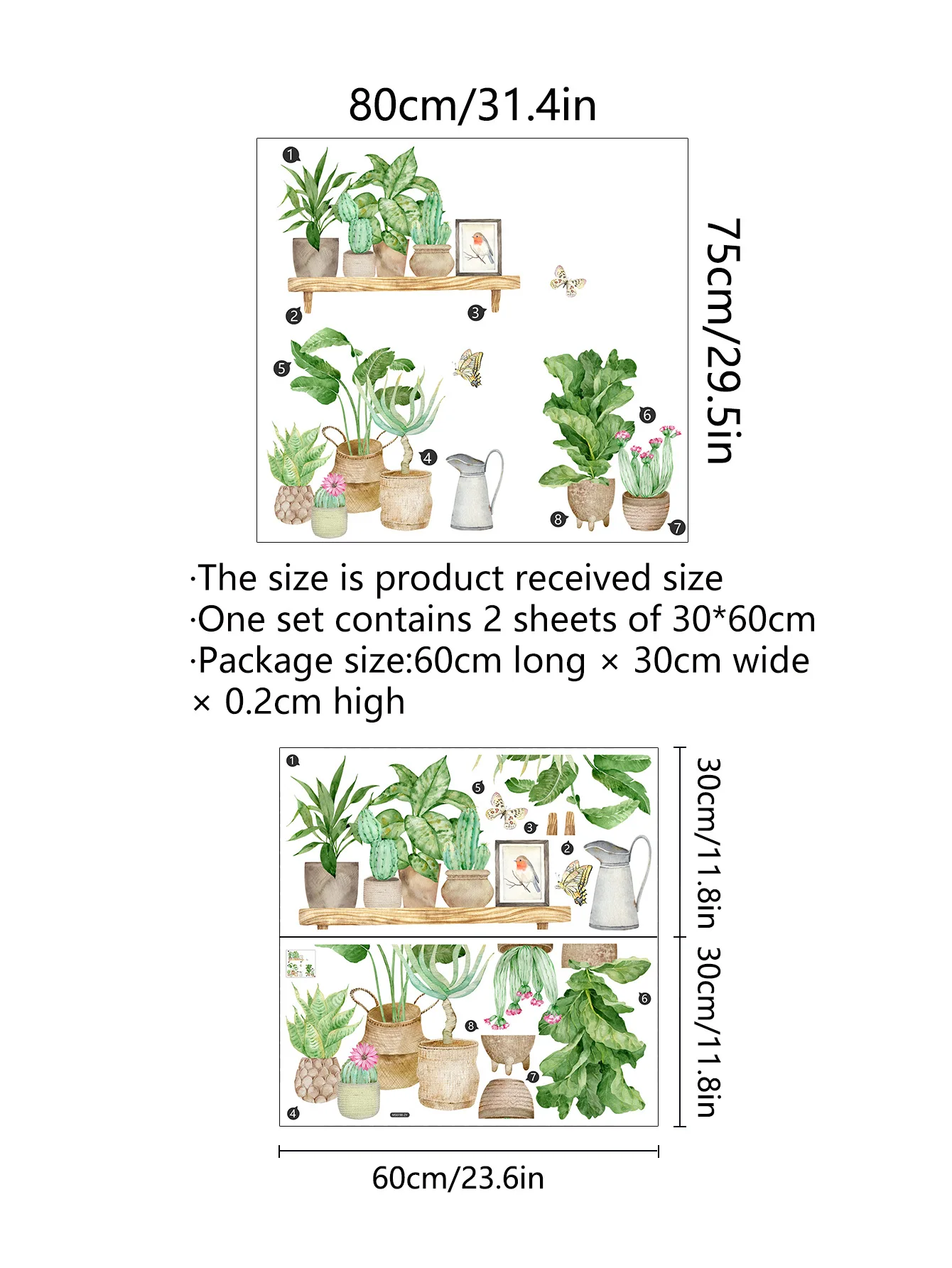 Зеленые горшечные растения и бабочки настенные наклейки для детской комнаты
