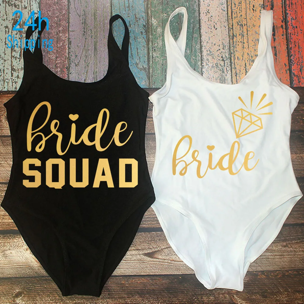 

Bachelorette Party One Piece Swimsuit Bride & Bride Squad Lady Wedding Party Lining High Leg Women Swimsuit Swimwear Bikini