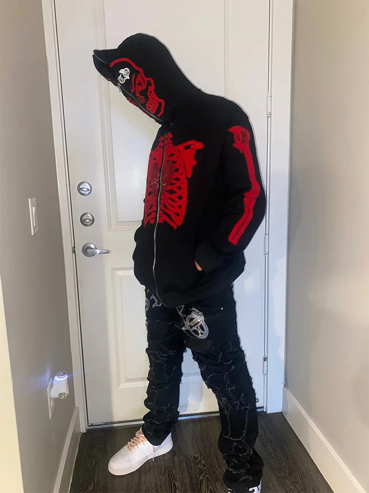 

Art Gothic Y2K Jacket Zipper Hoodie Korean Street Style Grunge Hip Hop Long Sleeve Top Sweatshirt Coat Skeleton Full Zip-Red