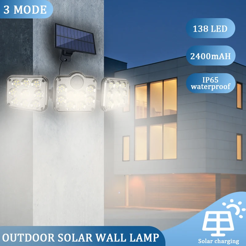 

Solar Outdoor Lights 138/122 LED Wall Lamp with Adjustable Heads Security LED Flood Light 3 Working Modes IP65 Waterproof with