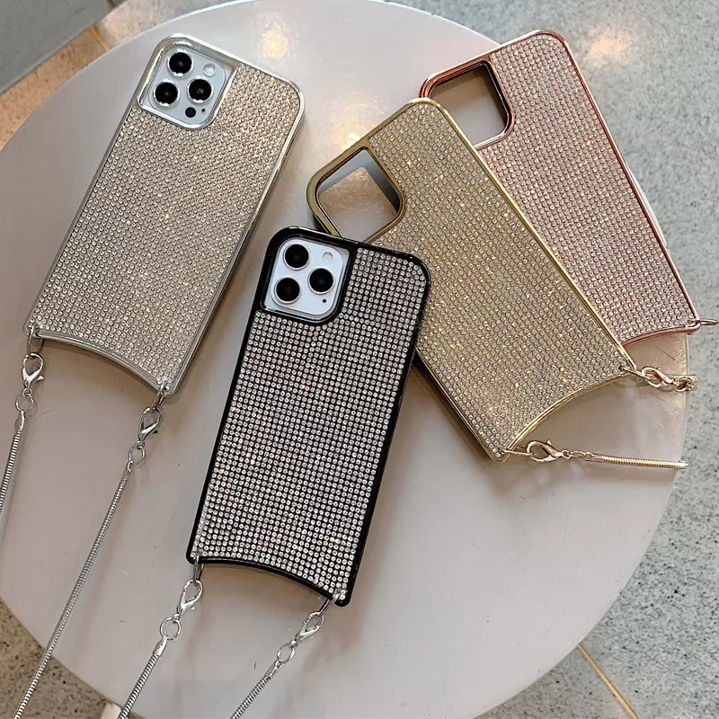 

Plating Glitter Diamond Phone Case for iPhone 12 Mini 11 Pro XS Max XR Necklace Lanyard Hanging Rope Crossbody Shockproof Cover