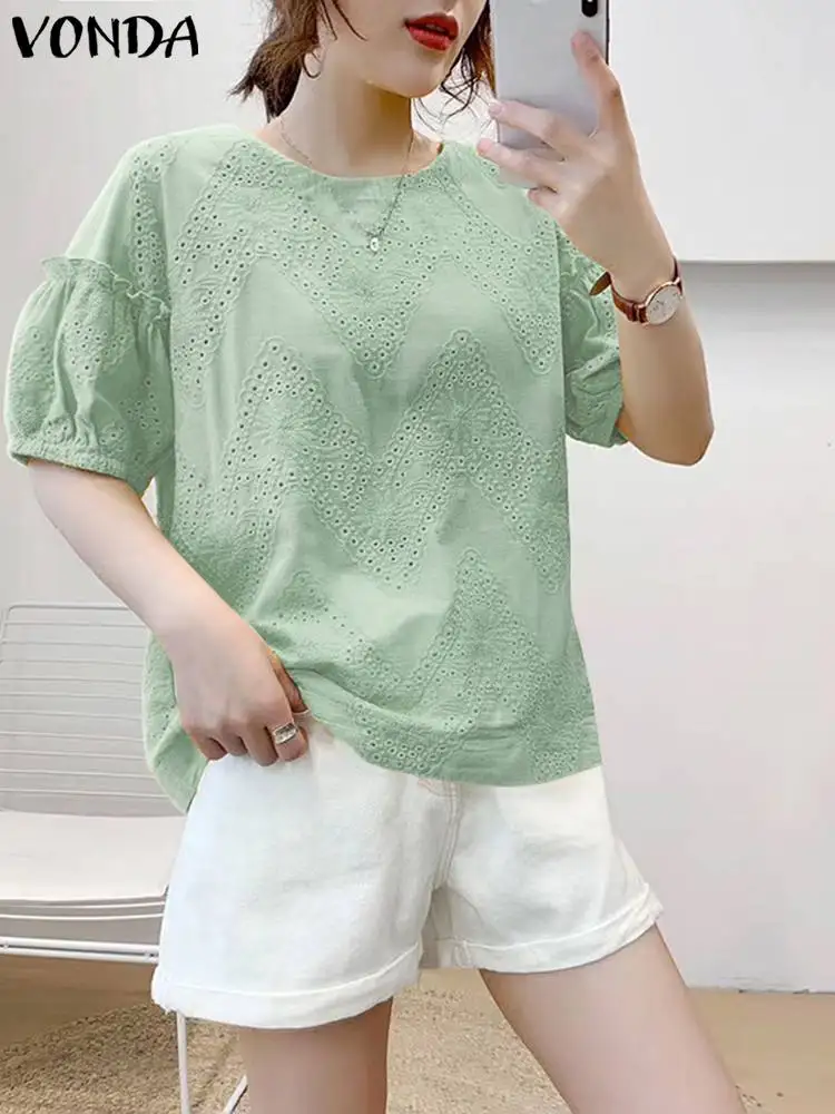 

VONDA Women Summer Cotton Lace Blouses 2023 Elegant Tops Round Neck Short Sleeve Hollow Out Casual Blusas Loose Shirts Femininas