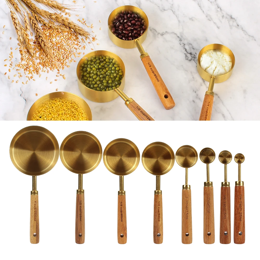 

Stainless Steel Wooden Handle Measuring Cups Coffee Bartending Scale 8Pcs Measuring Spoon Set Kitchen Gadget Kitchen Accessories