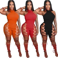 dn8611 ladies sexy jumpsuit summer streetwear fashion solid color knitted strap halter neck backless bodysuit womens nightclub