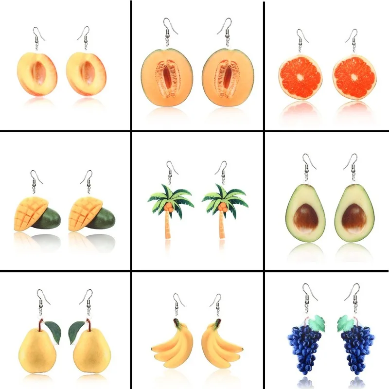 

Cute Fruit Earrings Banana Peaches Pear Kiwi Orange Cucumber Dragon Apple Pineapple Fruit Dangle Hook Earrings Jewelry