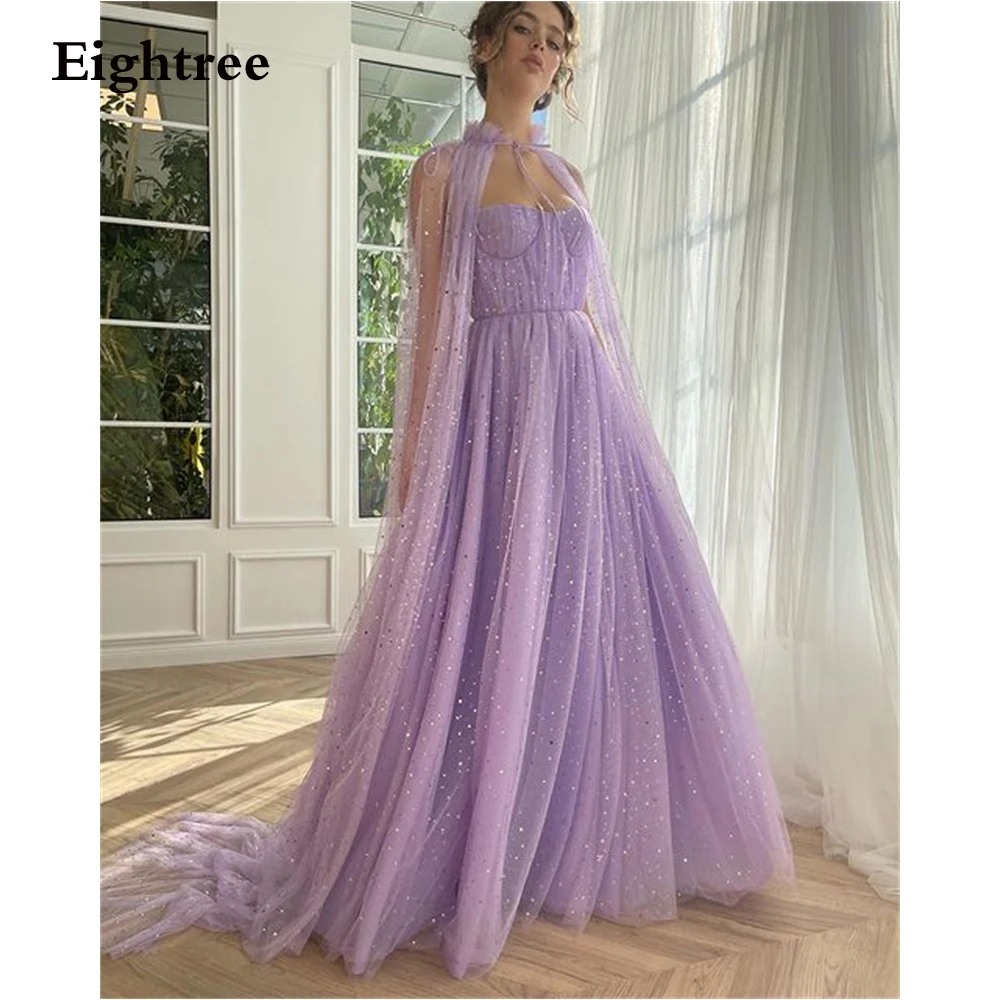 

Eightree Sparkly Purple Starry Tulle Prom Dresses Long A-Line with Pockets Pleat Evening Party Gowns Formal Event Dresses 2023
