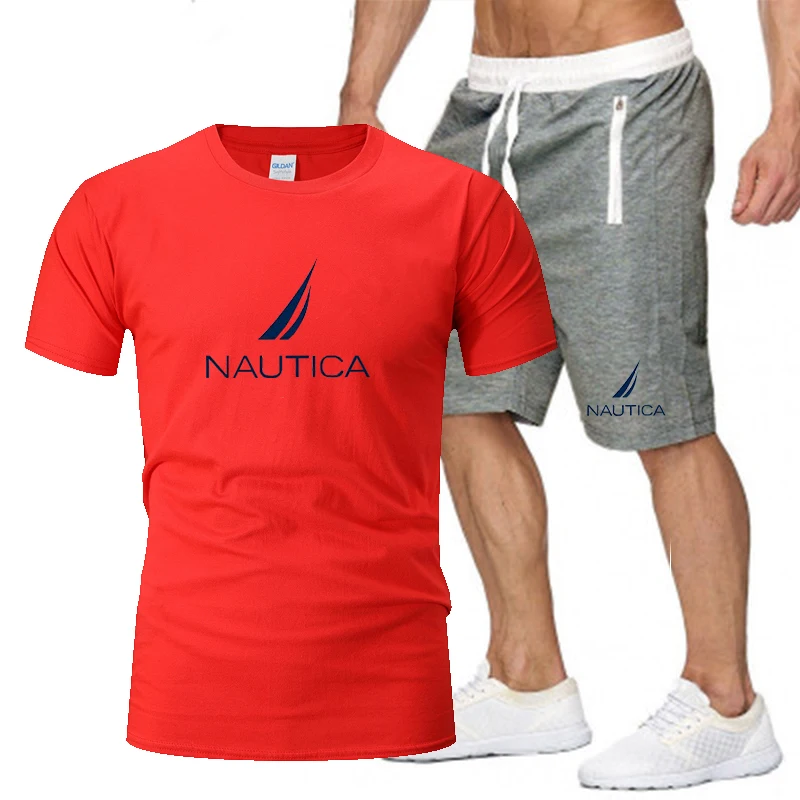 Brand NAUTICA  Men's Two-Piece Sportswear Short-Sleeved Casual T-Shirt And Brawstring Shorts Summer Quick-Drying And Breathable