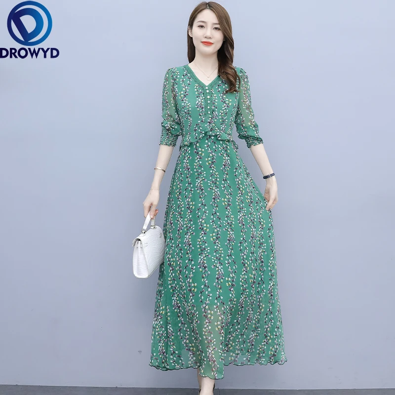 

2022 Green Chiffon Boho V-neck Floral Print Maxi Dress Fashion Summer Vintage Midi Sundress Women Elegant Bodycon Party Vestidos