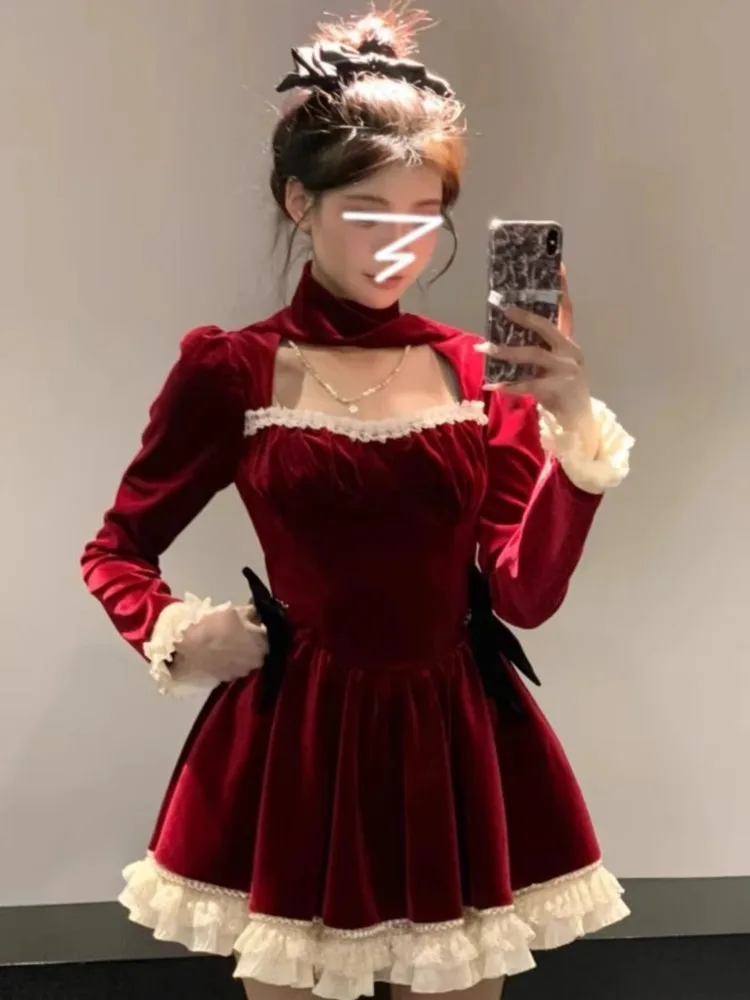 Женское бархатное мини-платье Y2K кружевное лоскутное платье с квадратным вырезом