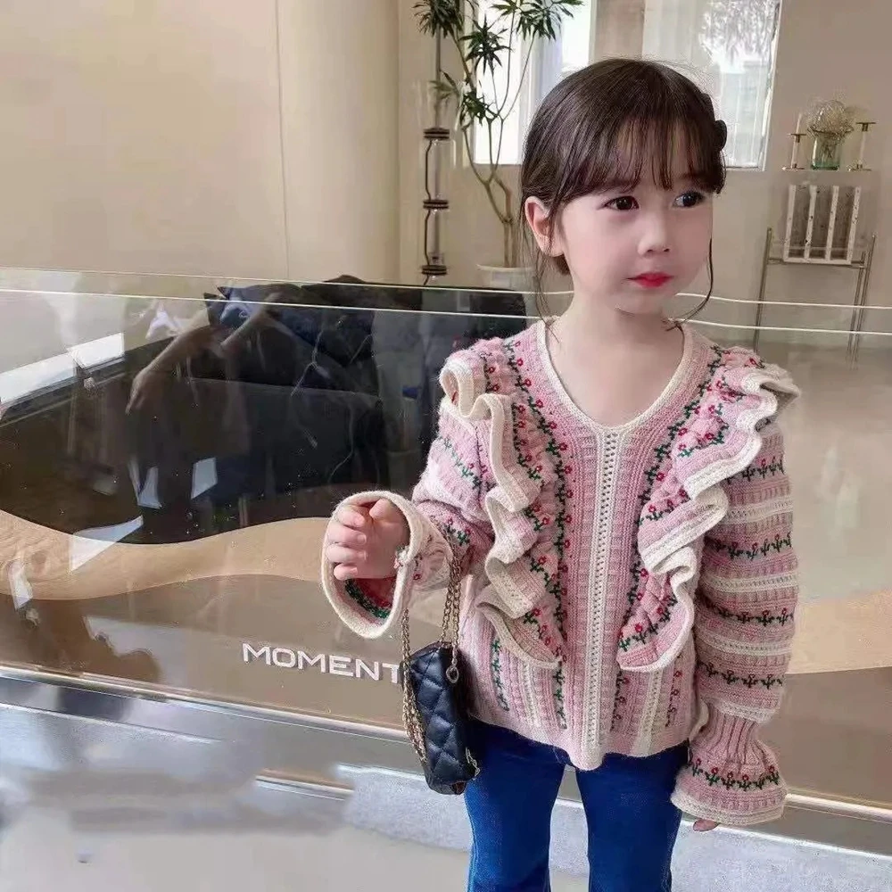 

Autumn Spring Pring Ruffles Sweater For Girls V Neck Cute Knitted Sweaters Jacket 4-15 Years Toddler Teenage Girl Coat 6 8 10 12