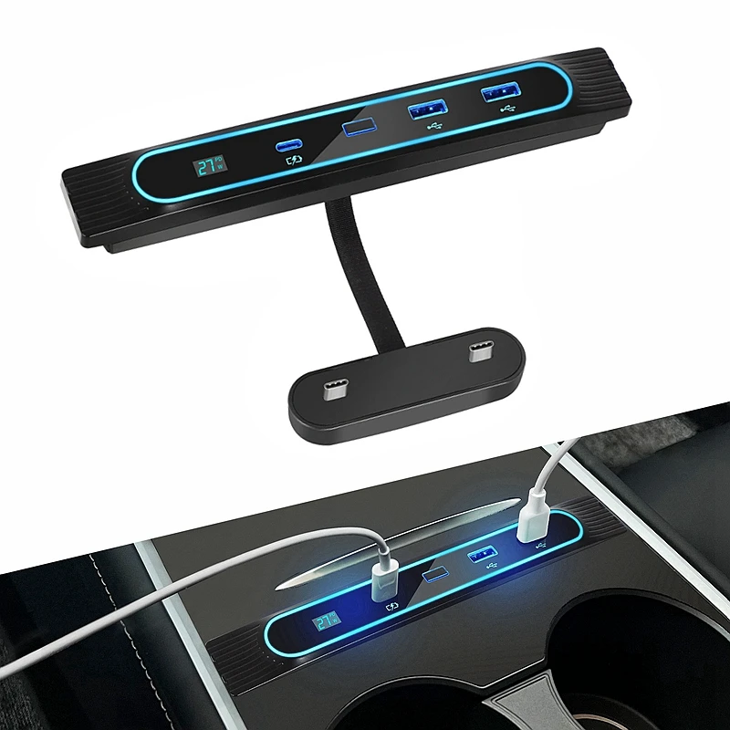 

Upgrade 27W Quick Charger for 2021-2022 Tesla Model 3 Model Y Docking Station USB Shunt Hub With LED Intelligent Light / Button