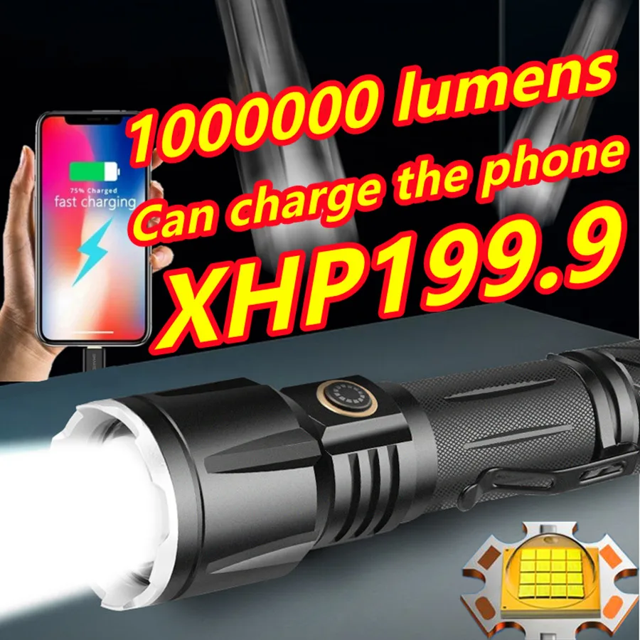 

Strong XHP199 LED Flashlight Ultra-bright Military Special Long-range 5000M Portable USB Torch T6 Self Defense Powerbank Lights