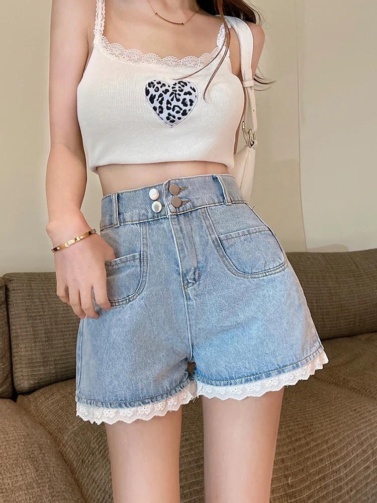 New Streetwear Women High Waist Lace Spliced Blue Denim Shorts Spring Summer Female Wide Leg Jeans Shorts Bottoms