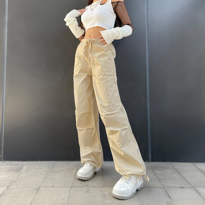 

Hip Hop Retro Khaki Cargo Pants Women Y2K Harajuku Oversize Wide Leg Black Parachute Trousers Female Vintage Streetwear