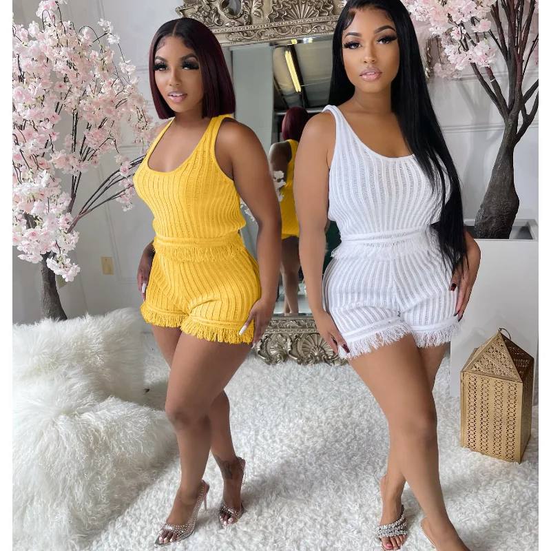 

Tassel Women 2 Two Piece Set 2023 Summer Solid Casual Tank Tops Suits Joggers Outfits Tracksuit Fringe Pants Shorts Sweatsuits