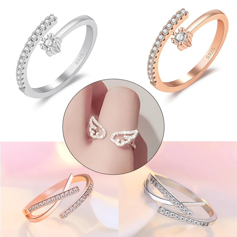 

Cute Angel Wing Ring Women Zircon Pentagram Star Adjustable Copper Crystal Finger Rings Party Birthday Jewelry Gift