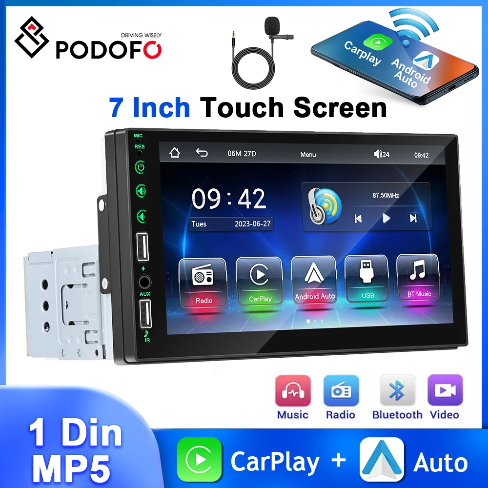 Podofo 7-дюймовый HD-экран Автомобильный радиоприемник Carplay MP5-плеер Мультимедийный