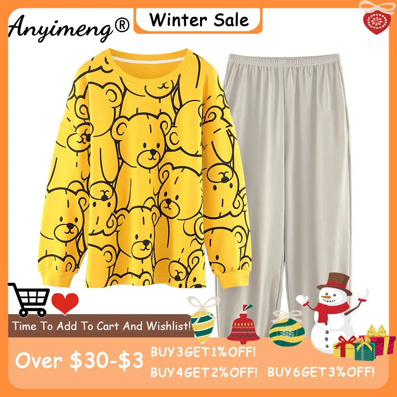 

Пижамный комплект с милым медведем для молодых женщин длинные брюки с длинным рукавом и круглым вырезом Осень-зима новая очаровательная од...