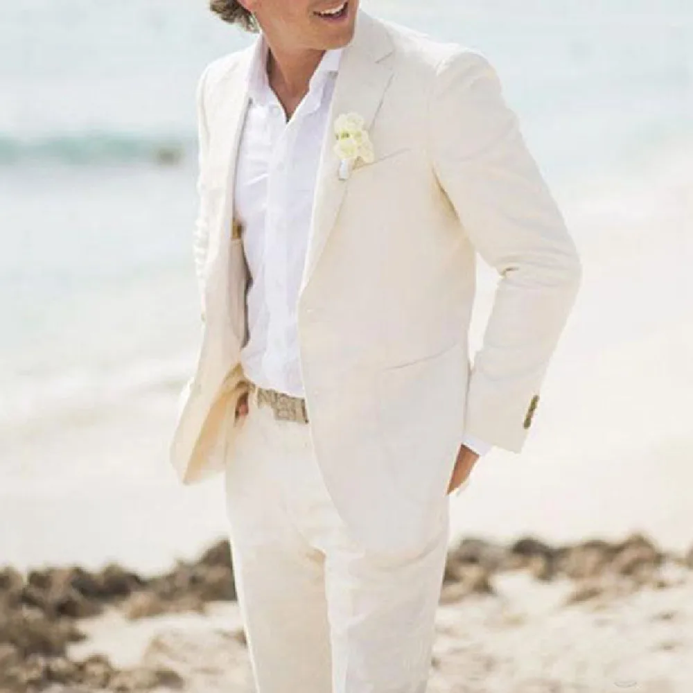 

Summer Beach Ivory Linen Suits For Men Wedding Suits Groom Wear Tailor Made Bridegroom Slim Fit Casual Tuxedo Best Man Blazer