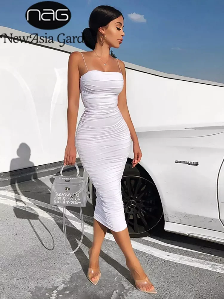 

NewAsia 2 Layers White Summer Dress Women 2020 Elegant Straps Ruched Maxi Dress Pink Long Dress Sexy Dresses Party Night Robe