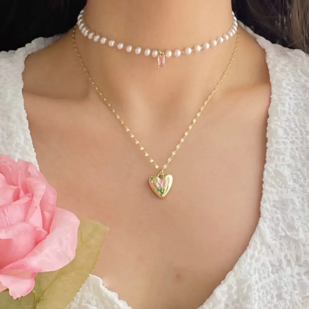 

Pink Heart Tulips Flower Pearl Necklace Choker Sweet Elegant Gift for Women Jewelry Korea Fashion Party Jewelry Collares Para