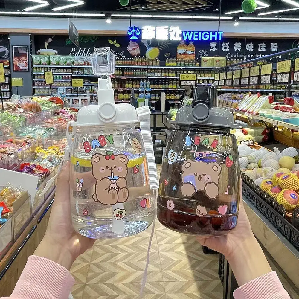 

Cute Large Water Bottle Free Stickers Straw Cup For Girls Kids with Strap Summer Big Capacity Drink Bottle for Outdoor Sports