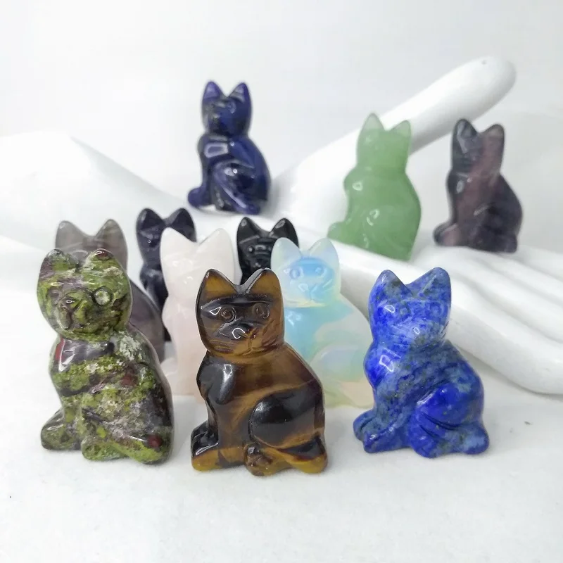 1pcs natural crystal cat statue rose quartz amethyst obsidian reiki healing animals figurines lucky stones home decor crafts free global shipping