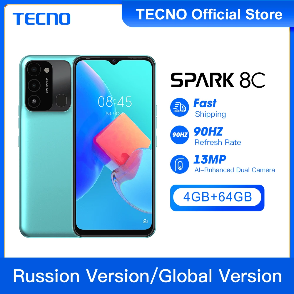 Новый оригинальный мобильный смартфон TECNO SPARK 8C 4 + 64 ГБ батарея Unisoc T606 5000 мАч HD 6