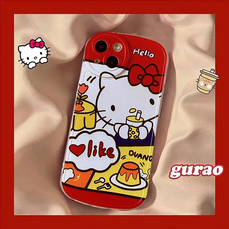 

Hello Kitty Soft Case for iPhone11 12 13 Pro Max X XS MAX XR Cartoon Kawaii Red Lucky Cat Silicone Lens Protection Cover