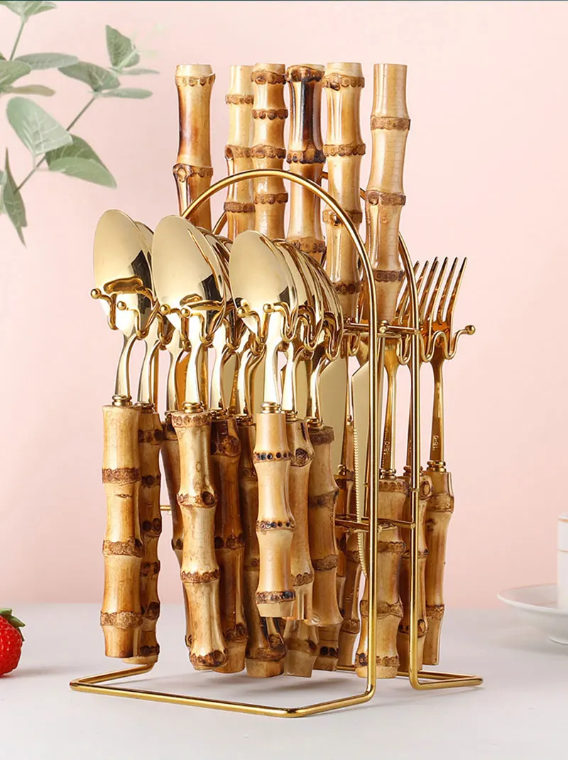 

24 Pcs Vintage Bamboo Tableware Handle Stainless Steel Steak Knives Flatware Fork Spoon Set With High-End Cutlery Rack