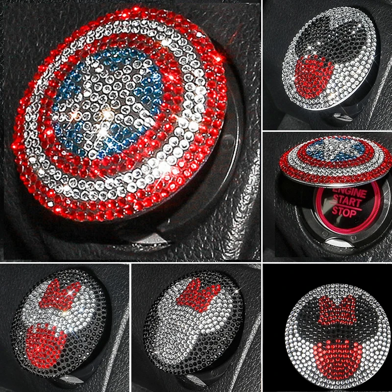 

Luxury Shine 3D Car Interior Stickers Disney Mickey Minnie Captain America Car Engine Start Stop Push Button Cover Trim Sticker