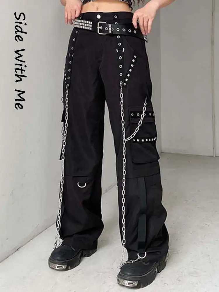 

Side with Me 2022 Summer Gothic High Waisted Cargo Pants Black Metal Chain Multiple Pockets Casual Party Club Women's Long Pants