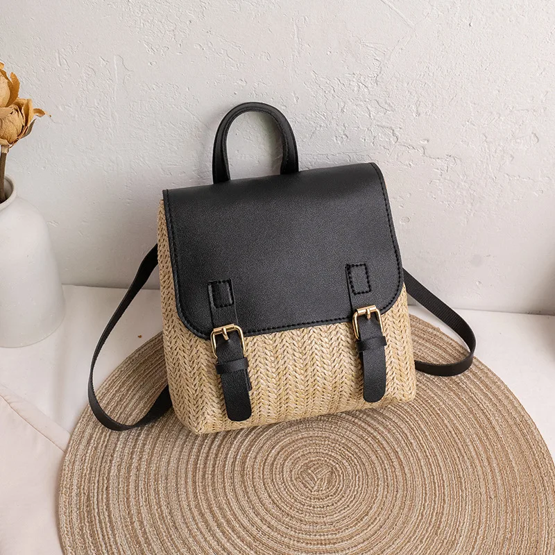 

Vintage Designer Shoulder Woven Women's Fashion Luxury Bag Versatile Small Backpack Elegant Straw Leather Backpack Straw