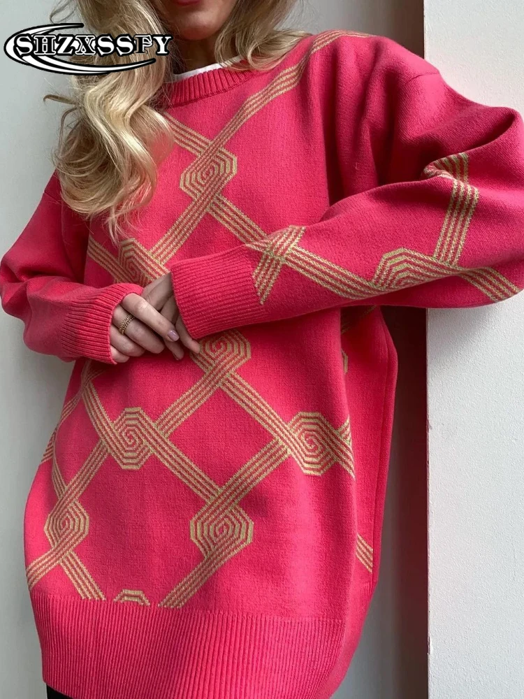 

Plaid Top Women's Sweater Fashion Loose O-Neck Knitted Sweater Women Green New Winter Clothes Women 2023 Pullover Women