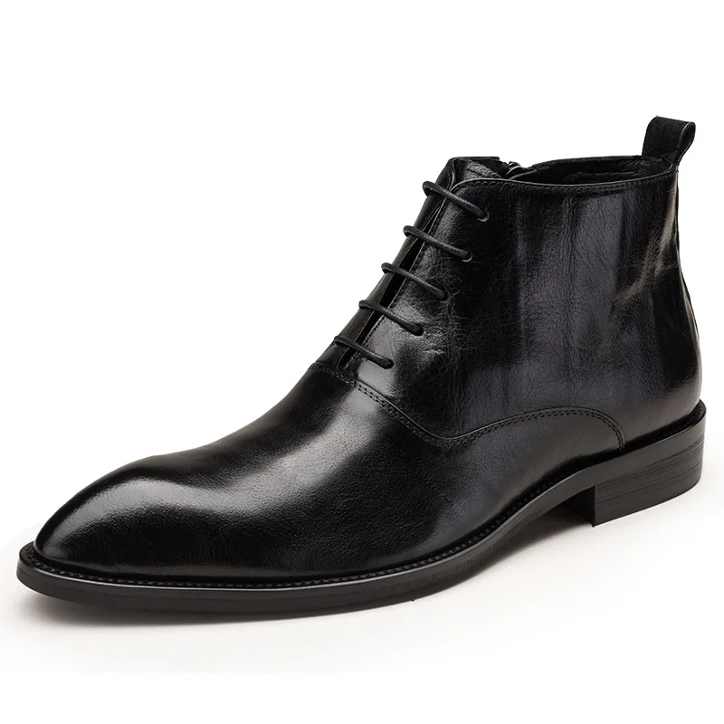 

British Trend Pointed Toe Men's Genuine Leather Boots Middle Cut Men's Boots Lace-up Martin Boots Men's Business Leather Boots