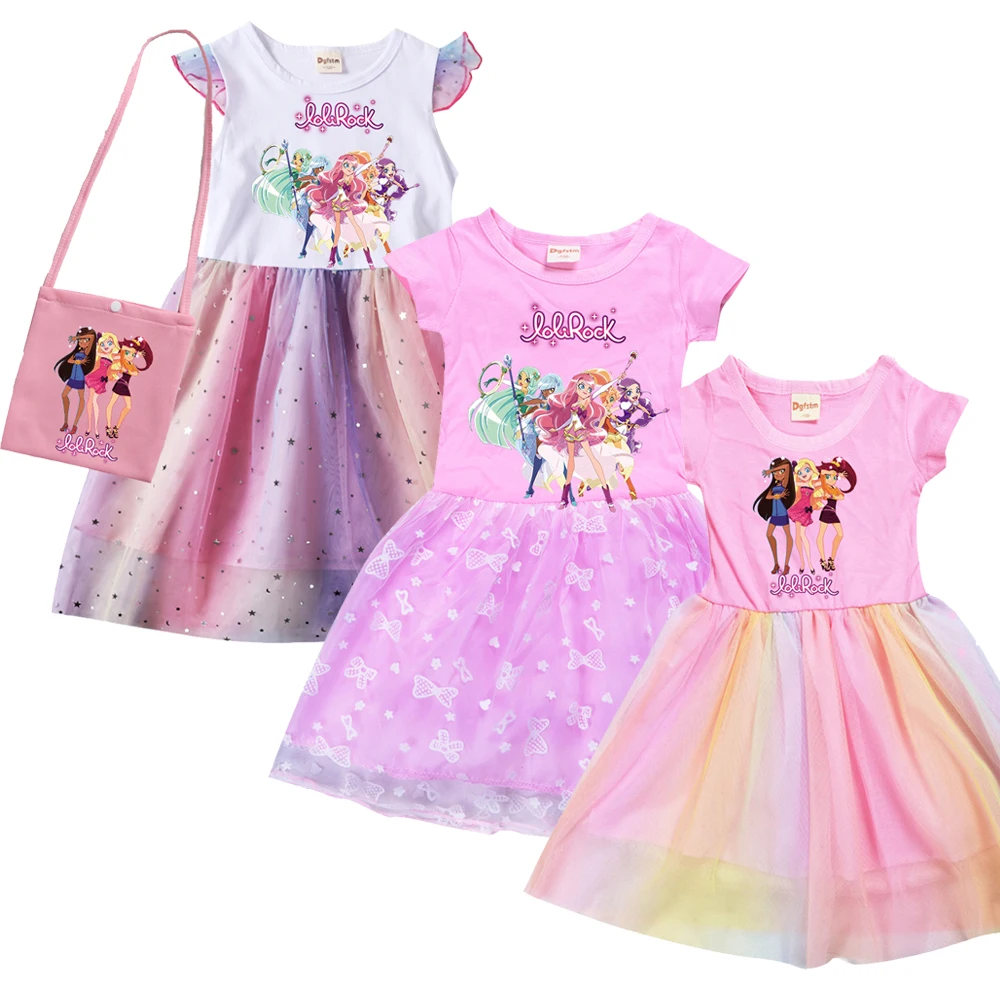 

Cartoon LoliRock Magical Baby Girl Dresses Kids Loli Rock Clothes Cosplay Costume Children Fly Sleeve Casual Dress + Free Bag