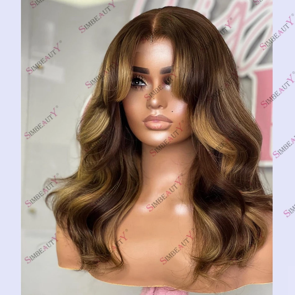 

Honey Blonde Highlight Fringe Human Hair Lace Front Wig for Black Women Body Wave Brown Remy Hair 13x6 Lace Front Wig with Bangs