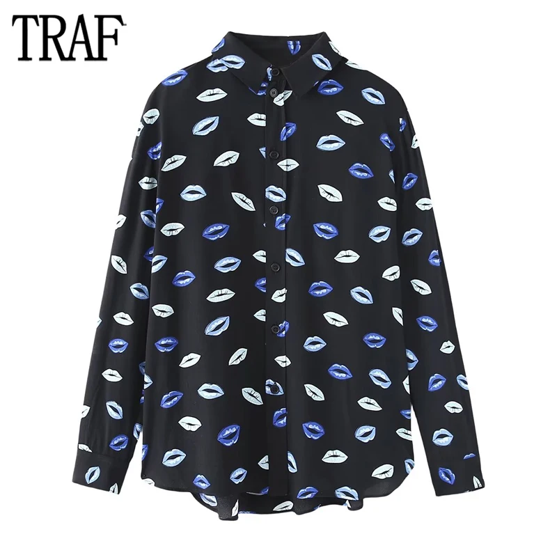 Женские рубашки с принтом TRAF 2024 рубашка на пуговицах женские длинным рукавом и