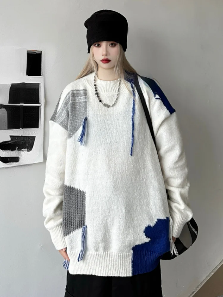 

Y2k Aesthetic Patchwork Pullovers Women Autumn Loose All-match Contrast Color Female Sweaters Knitwear Tassel Grunge Lazy Jumper