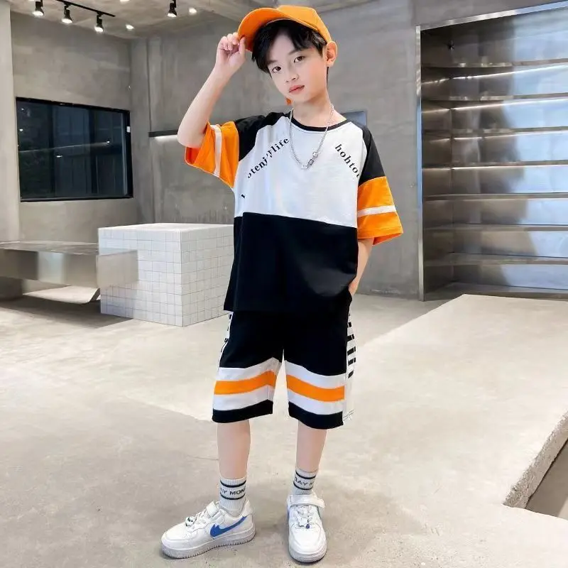 

2023 летняя Красивая крутая Повседневная модная детская синяя оранжевая хлопковая футболка для мальчиков с буквенным принтом Футболки с кор...