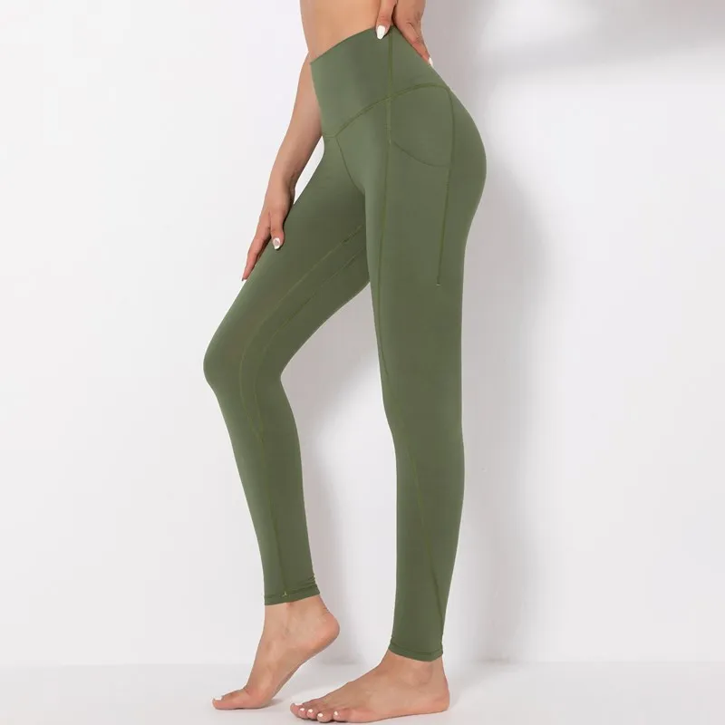 

Women High Waist Hip Pocket Leggings Soft Nude Bodybuilding Yoga Leggings Pants Solid Color Quick Dry Sportswear Fitness Legging