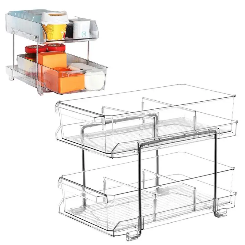 

Under Sink Storage For Bathroom Double-Tier Pull Out Organizer Drawers Multi-Purpose Slide-Out Storage Container With Dividers