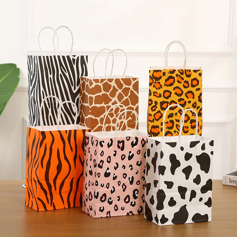 

12PCS Cartoon Printed Tiger Zebra Leopard Gift Bags Reusable Packing Gift Bags With Handles For Birthday Party Gift TC114A